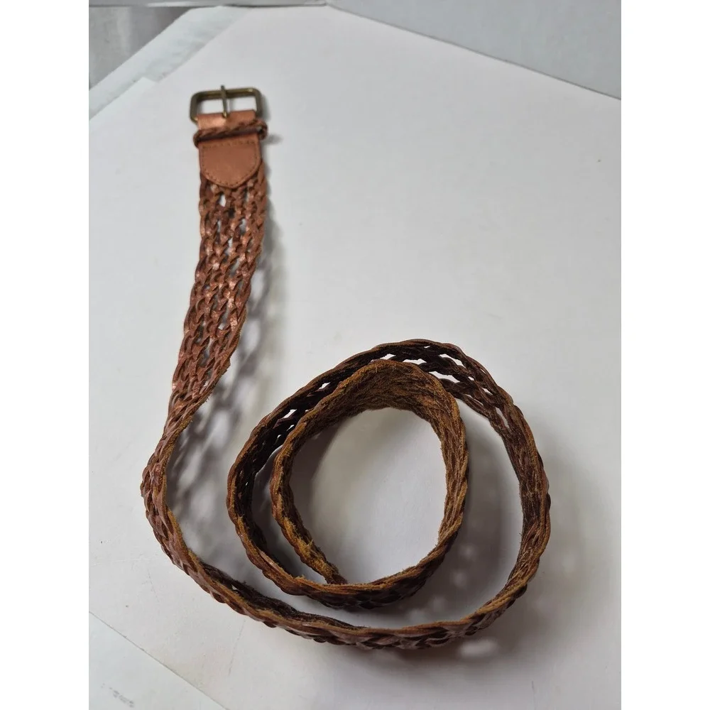 Womens Genuine Leather Braided Belt Metallic Bronze Copper Woven Boho Medium
